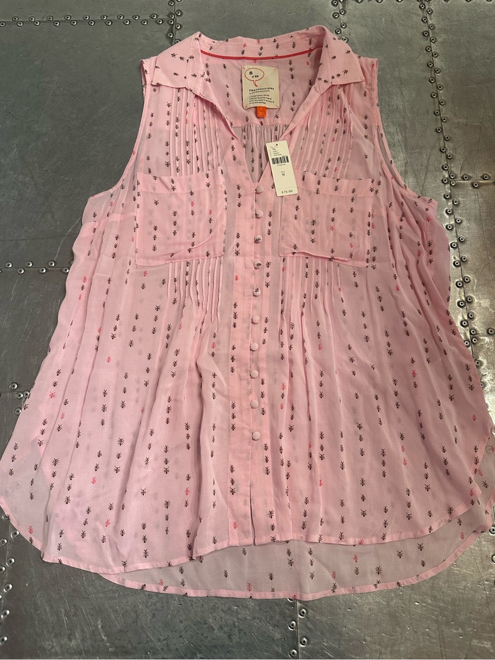 ! New Anthropologie Pink Sleeveless Button-Front Printed Blouse size medium